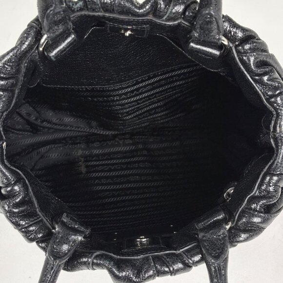 Prada Logo Handbag Gathered Tote Leather Nero - Picture 10 of 10